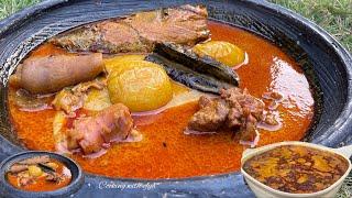 A Special Way of Making AUTHENTIC GHANA PALM NUT SOUP | ASSORTED MEAT & FISH PALM NUT SOUP & FUFU