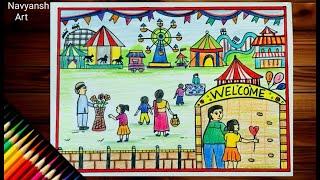 Mela (Fair) scene drawing step by step / How to draw Village Mela exhibition / Fair scenery drawing