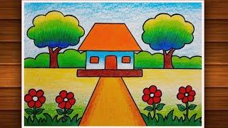 Very Easy House Scenery Drawing || How to Draw Scenery Step by Step || #Scenery..