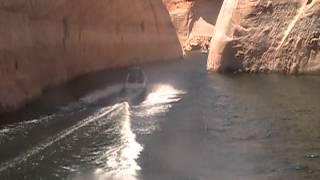 59' ft Houseboat Goes Thru Narrow Slot in Forbidding Canyon ( Rainbow Bridge )
