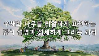 수채화 나무 한 그루를 리얼하게 표현하는 공식 설명과 큰나무 아래 사람들 풍경화 그리기