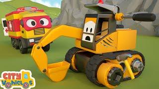 Super fire truck pick up football for dump truck— -bulldozer tractor and crane truck for kids.