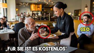 Schwarze Kellnerin gibt einem älteren Mann kostenloses Essen, ohne zu wissen, dass der CEO zuschaut