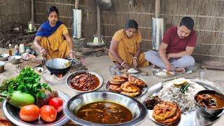 Village cooking and village lifestyle in Assam India | fish curry, brinjal fry and tomato chutney