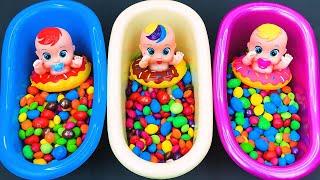 Oddly Satisfying Video | Colored Bathtubs and 3 Magic Dolls Mix Candy Skittles & Asmr Candy M&M's