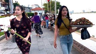 Cambodia Tour 2024 - Walking Tour 4K - Evening Walking Phnom Penh, Riverside Street Food