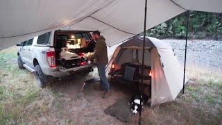 Car CAMPING in RAIN - ELEVATED TENT