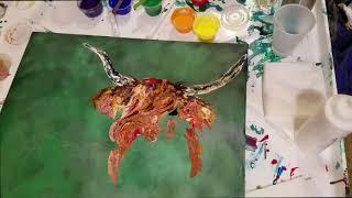 Controlled Acrylic Pour Highland Cows Palette Knife Swipe Brush Details Time Lapse Painting Fun!