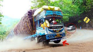 Heavy Loaded Lorry at Full Speed Honking at Crazy Car Driver - Truck Driver Applies Sudden Breaks