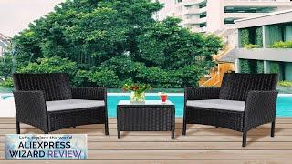 3 Piece  Outdoor Black Wicker Chair Small Patio Furniture Front Porch Review