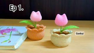 Ep1. FlowerCrochet Mini Tulip Pot Tutorial step by step | Crochet Flower Pot #crochet