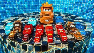 Disney Pixar Cars falling into deep pool, Lightning McQueen, Tow Mater, Mack, Sally, Francesco