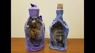 Обратный декупаж бутылок. Морской декор. DIY.  Marine decor of bottles.