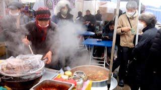 오일장 무한리필 사골선지 장터국밥? 할매 둘이 더 못줘서 안달난 오일장 오마카세!선지국밥, 순대, 동태전,녹두전,호박전/Ox blood rice soup, K-street food