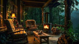 Treehouse Porch In Rain - Rain and Thunder Sound, Crackling Fire Sound - Deep Sleep, Relax, Study