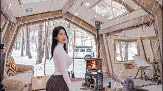 CAMPING IN A SNOWY FIELD WITH A 4-ROOM INFLATABLE TENTㅣCOZY ASMRㅣRELAXING CAMP