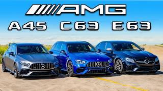 New AMG C63 v E63 v A45: DRAG RACE