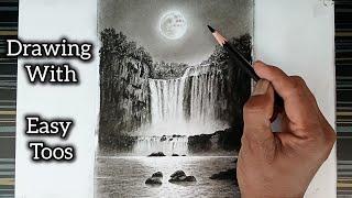 How to draw night mode waterfalls landscape scenery by simple tools.