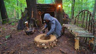 Bushcraft SURVIVAL Shelter; Building  Warm Natural Dugout and Fireplace. Tree House. Camping Part 2