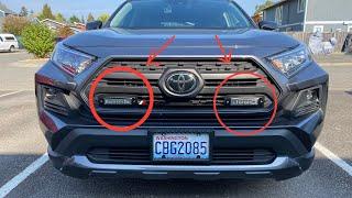 2021 Rav 4 aftermarket LED fog light (light pods, spot lights) installation in the front grille.