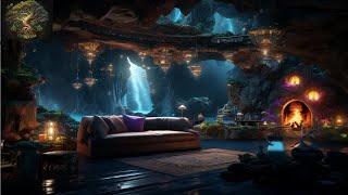  Enchanted Cave Ambience • Waterfall & Fireplace • Nature Sounds 4K