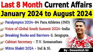 Last 8 Months Current Affairs 2024 | January 2024 To August 2024 | Important Current Affairs 2024