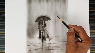 Pencil drawing/ A loving couple cycling in the rainy season.