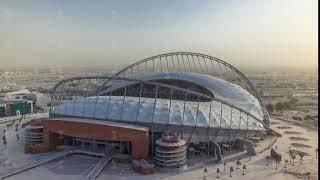 Aerial view of Aspire Zone stadium from at morning timelapse in Doha