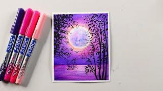 Beautiful Moonlight scenery painting with DOMS brush pen - easy oil pastel drawing for beginners