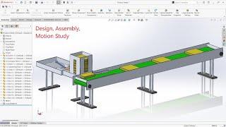 Product feeder on conveyor line design assembly and motion study in solidworks