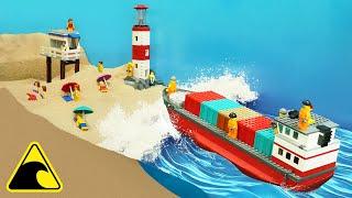 Ships Crash onto Busy Beach - Sinking Lego Boats - Tsunami Dam Breach Experiment