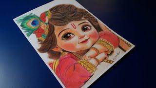 How to Draw Pencil Colour sketch of Bal Krishna, Tutorial +Time Lapse video, Jai Shree Krishna