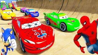 SPIDERMAN Vs HULK McQueen CARS Mega GODZILLA BLOCKS Ramp ! SUPERHERO Mack Truck Stunts Race  - GTA V