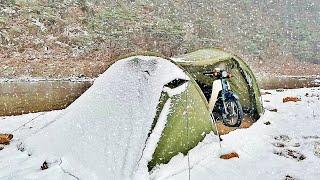 Winter camping with 110cc motorcycle [fishing and cooking]