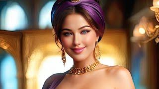 4K AI Fashion Lookbook - Golden Splendor: Sophia in Glamorous Purple Kaftan at Dubai's Gold Souk