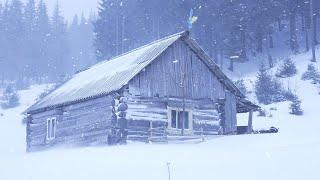 hiding in an abandoned log cabin during a snowstorm