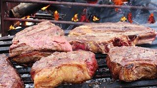 Brazilian barbecue on the beach: pork shank, pork belly, beef ribs, lamb shoulder, entrecot