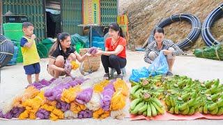 Harvesting Banana And Bring Colorful Dry Noodles Goes To Countryside Market Sell. My Bushcraft