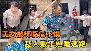 美女被绑临危不惧，趁人贩子熟睡将人贩子敲晕吊打，成功逃出狼窝！【山卡卡小月】#反转#农村短剧#正能量#人贩子