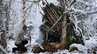 Can This Primitive Shelter Protect me From the Snow and Cold? - 3 Day Bushcraft