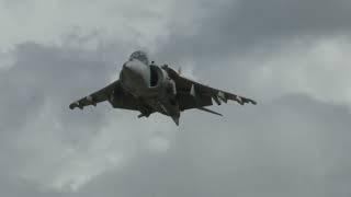 Lockheed Martin F-35 Lightning II and EAV-8B Harrier jump jet fly together at RIAT 2023