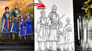 Chaar Sahibzaade Drawing Outline, Veer Bal Diwas Drawing, How To Draw Chaar Sahibzaade Step By Step