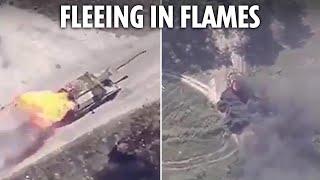 Moment doomed Russian howitzer is engulfed in flames and tries to flee Ukrainian drones