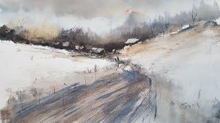 Painting a frosty, snowy, mid-winter landscape scene in watercolour using the big brush and rigger