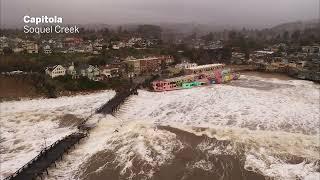 Bay Area atmospheric river drone video: Capitola wharf split in half as Soquel Creek flooding surges