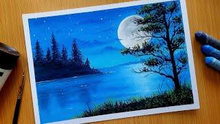 Oil Pastel Scenery Drawing for Beginners / MOONLIGHT LAKE / Oil Pastel Nature Landscape Drawing