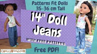 Free Doll Clothes Sewing Patterns: Sew Wellie Wisher Jeans (AKA Dungarees) for 14"/35 cm Dolls