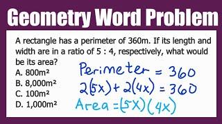 Geometry Word Problem: rectangle has a perimeter of 360m. Length & width are in a ratio of 5 : 4