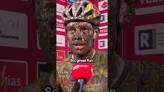 Wout van Aert after a dominant and VERY muddy day out at UCI Cyclo-cross World Cup in Dendermonde! 