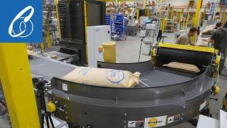 High Speed Robotic Bag Palletizer System with a Bag Flattener and Curved Infeed Conveyor